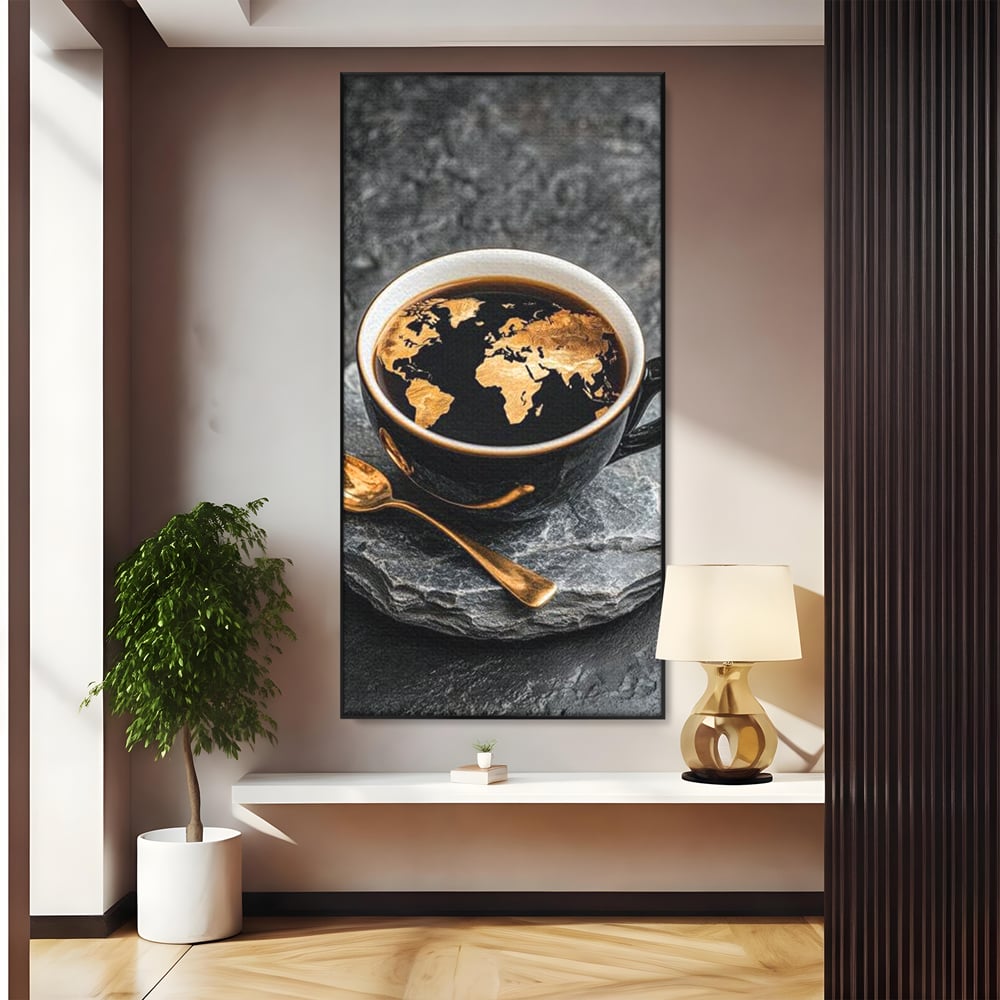 Tablou canvas cu tablou canvas cu ceasca de cafea si harta lumii, in rama de aluminiu negru